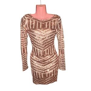 Windsor Gold Full Sequin Long Sleeve Mini Bodycon Formal Women's Dress SZ Small